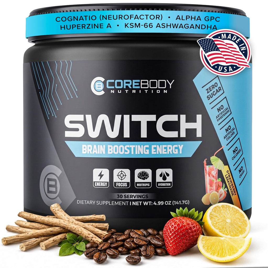 Switch, Brain Boosting Nootropic Energy Supplement Powder - Made in USA - Alpha GPC, NALT, Ashwagandha, Sugar Free Energy, Keto, verhogen van de geestelijke focus & cognitieve functie, verbetert Mood & Geheugen