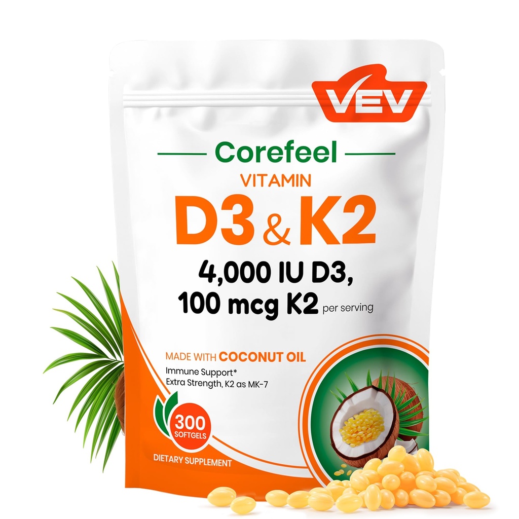 VEV Vitamine D3 K2 4.000 IE, 100 mcg MK-7, 300 Softgels met Kokosolie, Eenvoudig doorslikken K2 D3 Vitamine Supplement, Dagelijkse Nutriënt Ondersteuning
