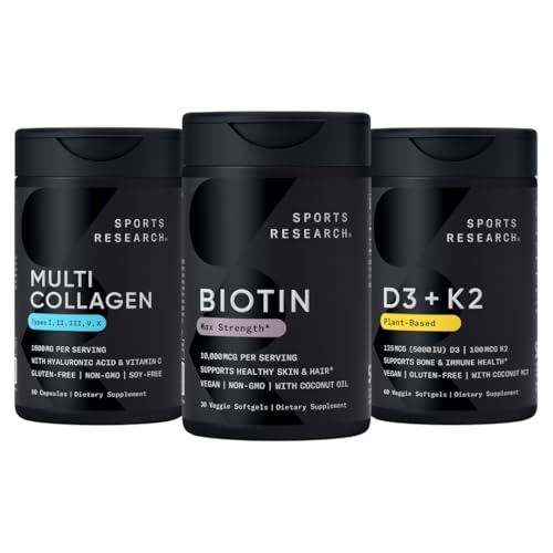 Sports Research® Suppléments pour les femmes Pack - Biotine 10 000mcg + Pills multicollagènes Peptides de collagène (Type I, II, III, V, X) amélioré avec l'acide hyaluronique et la vitamine C + vitamine D3 + K2 5000iu