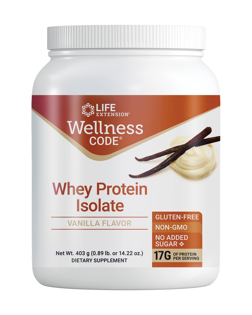 Life Extension Wellness Code® Wei Protein Isolaat (Vanilla), proteïne en vertakte Aminozuren voor Spiergroei & Immune Health, geen suiker toegevoegd, glutenvrij, non-GMO, 403 Gram (20 porties)