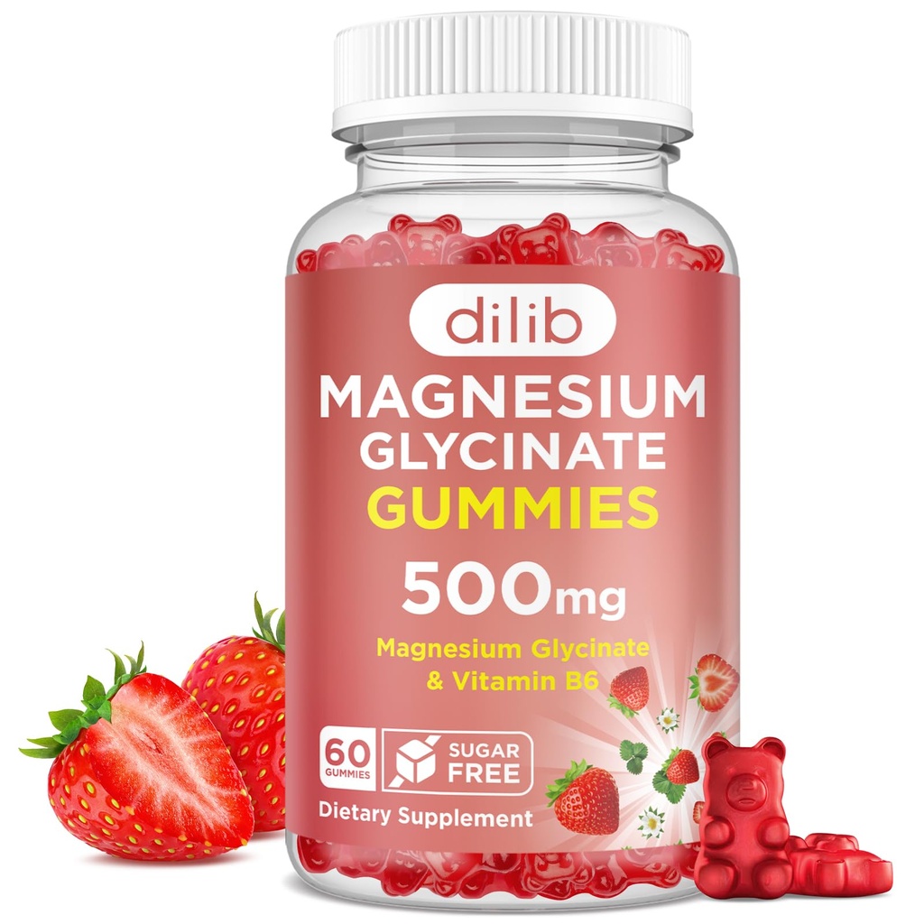 Magnesium Glycinate Gummies 500mg - Magnesium Supplement met Vitamine B6 voor volwassenen & Magnesium voor kinderen - Kalm Magnesium voor slaap, Mood, Spierondersteuning - Aardbei smaak, 60 Gummies