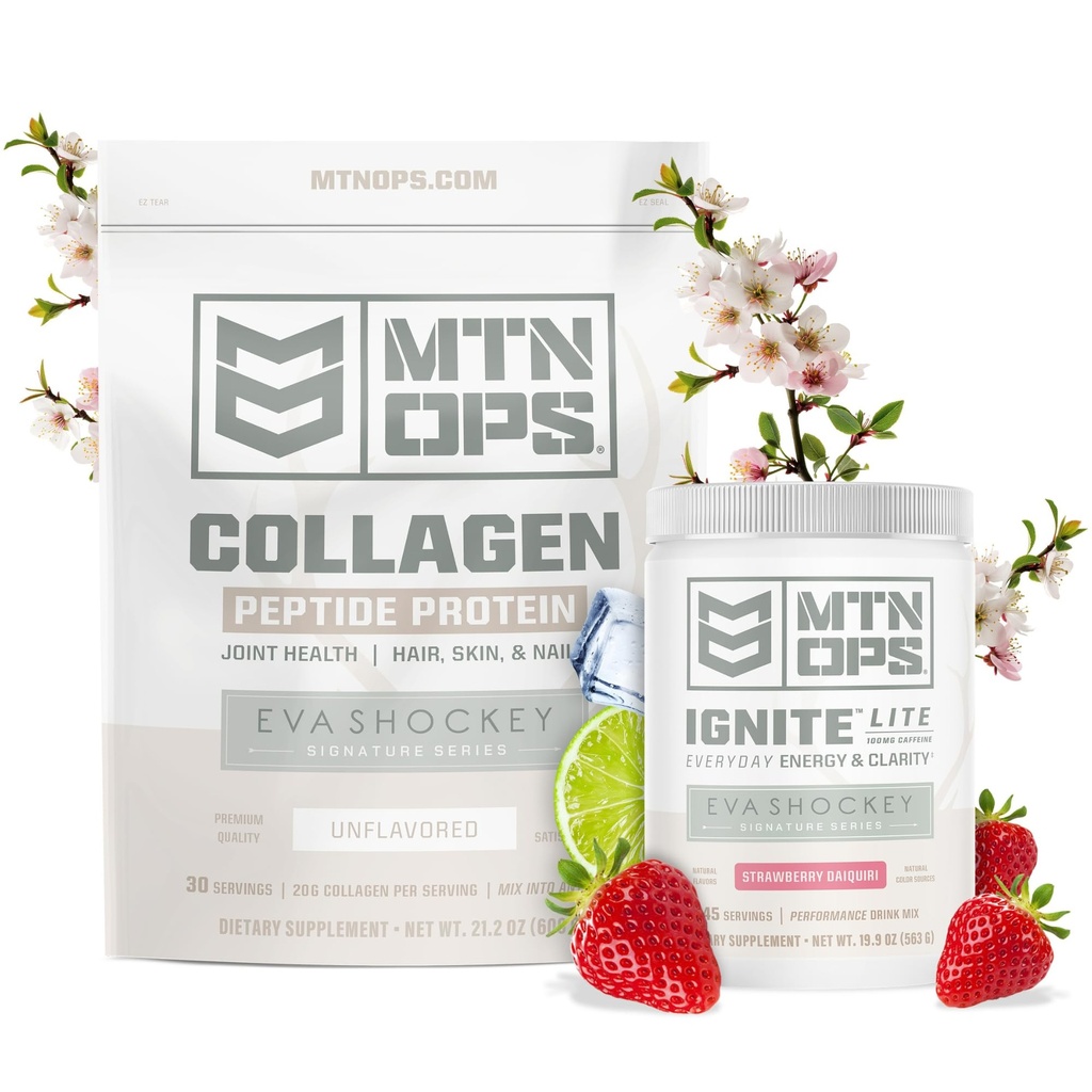 MTN OPS Eva Shockey Collagen & Ignite Lite Bundle – Unflavored Collagen Peptides + Strawberry Daiquiri Ignite Lite – Eva Shockey Supplements for Energy, Hair Skin & Wellness