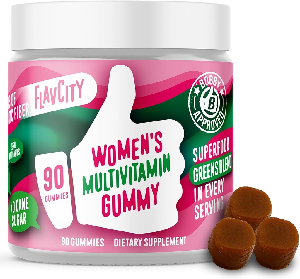 FlavCity Womens Multivitamine Gummy - Dagelijkse Multivitamine Gummy's voor vrouwen - Premium Vitaminen, Mineralen & Prebiotische Vezel - Geen Cane Sugar of Zaad oliën - Biologische Tarwegras, Moringa & Meer (90 Gummies)