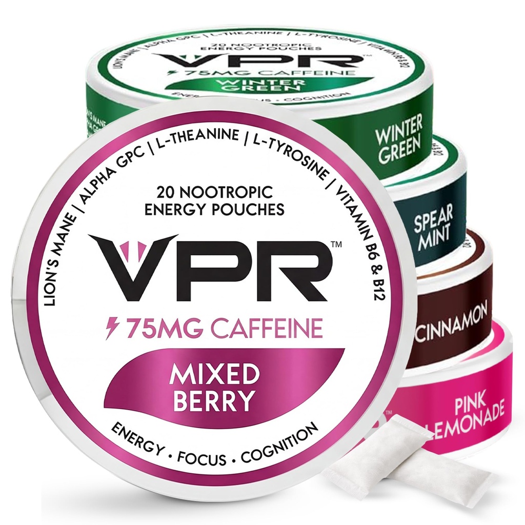 VPR 75mg Cafeïne Nootrope Pouches 20 Count Energy Pouches met Lion's Mane, Alpha-GPC, Vitamine B6 & B12, L-Theanine, en L-Tyrosine...