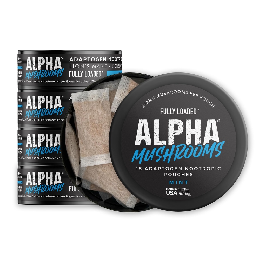 Champignons alpha entièrement chargés - Pochettes Nootropiques adaptogènes (5-Pack, Menthe) - Manille de Lion, Cordyceps et Chaga - 75 Pochettes Total (5 Canettes, 15 Pochettes par Canette) - Champignons fonctionnels - Fabriqués aux États-Unis