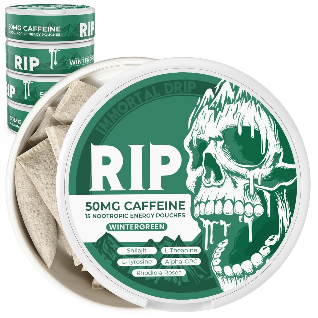Immortal Drip RIP Nootropic Energy Pouches (Wintergreen) – 5 Cans – 15 Pouches per Can – Clean Energy & Focus Support – 50mg Caffeine, Shilajit, Alpha-GPC, L-Tyrosine, Rhodiola