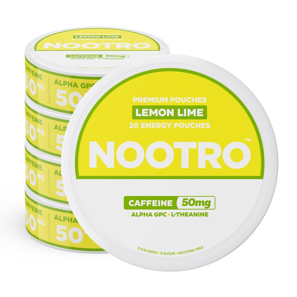 Nootro Caféine Nootropic Pouches (Lemon Lime) - Pouches d'énergie avec 50mg de caféine, 50mg Alpha GPC, 50mg L-Theanine sans sucre et sans calories - 20 Pouches par boîte - 5 Pack