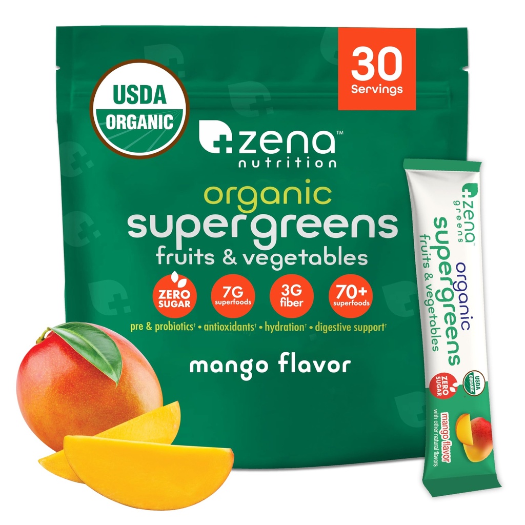 Zena Nutrition Organic Super Greens Powder, 70+ Superfoods, 0 Sugar, 3G Fiber, Spirulina, Chlorella, Paddenstoelen, Prebiotica/Probiotica, Digestieve Enzymen voor Gut Health, Mango, 30 Drink Mix Packets