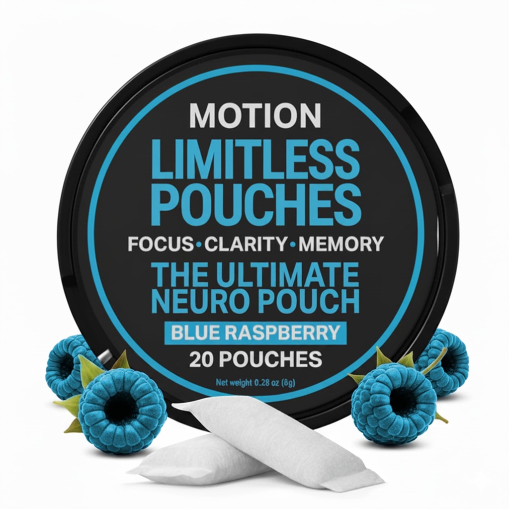 MOTION Focus & Energy Nootropic Pouches (20 Count) - Blue Raspberry Flavor with L-Theanine + Alpha GPC & Naturally Occurring Caffeine from Guarana Seeds - Supports Mental Clarity with Refreshing Taste
