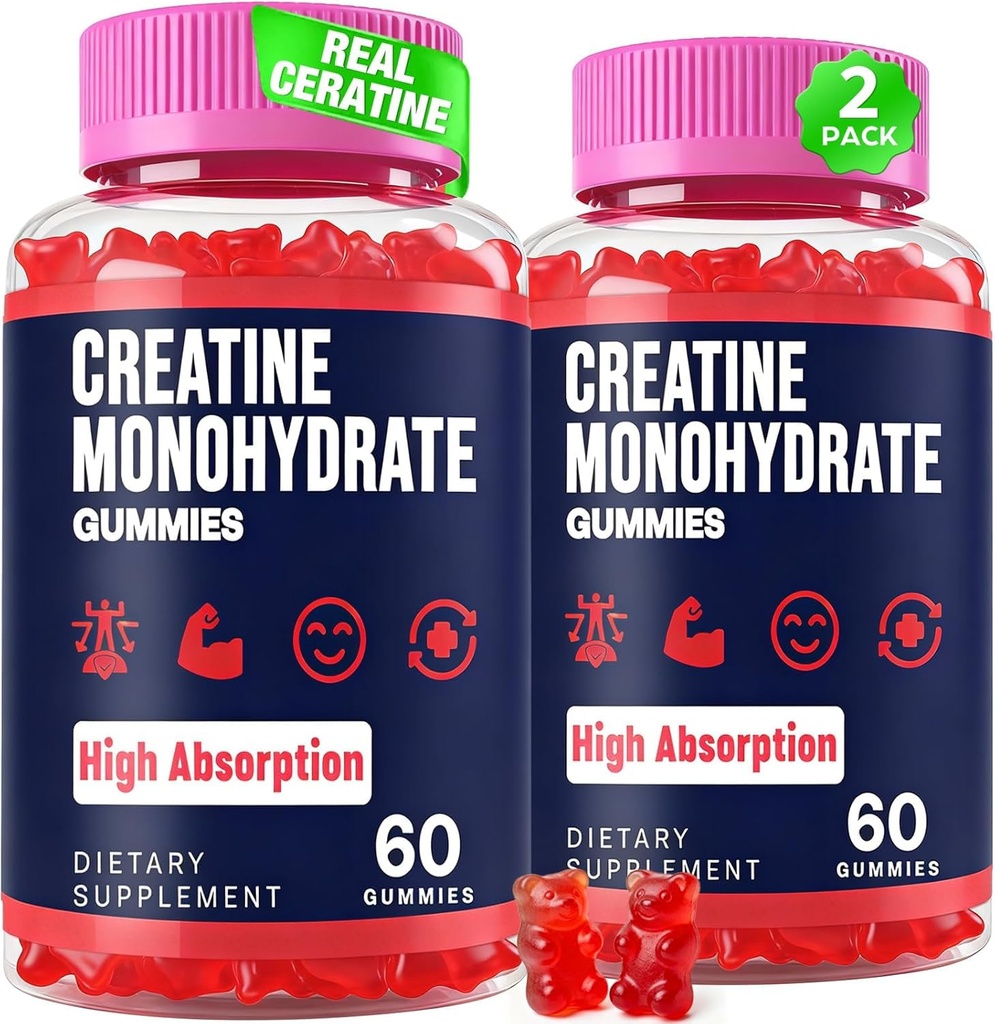 Creatine Monohydraat Gummy's voor vrouwen en mannen, Taurine & B6, Kauwbare Creatina Pre Workout Gummy's voor Max Strength & Muscle Growth, Energy, Endurance, Creatine for Men & Women - 2 flessen