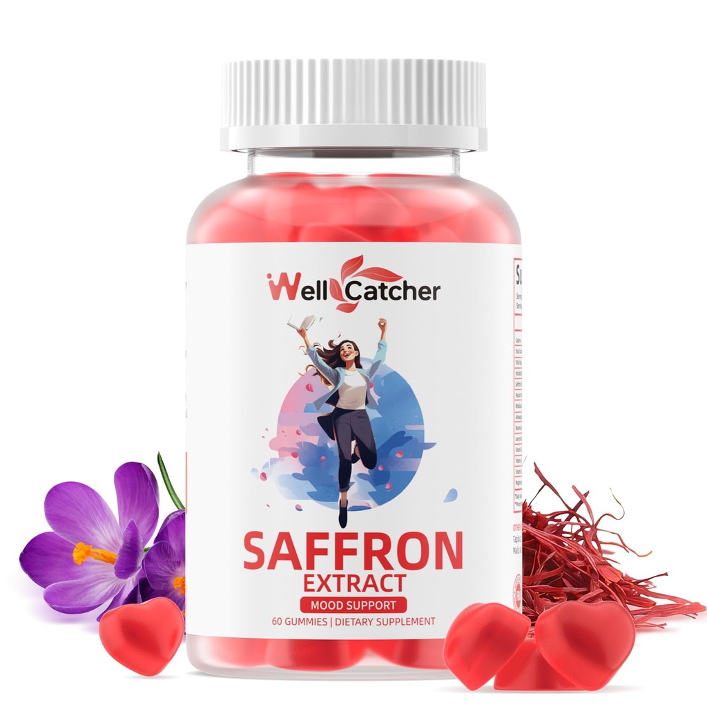 Saffraan Gummies voor Volwassenen Kids - Biologische Saffron Extract supplement voor mannen Vrouwen Suiker Gratis voor Mood Balance Ondersteuning Betere Slaap Metabolisme met Vitaminen Niet GGO Aardbei Smaak 30 Dagen Levering