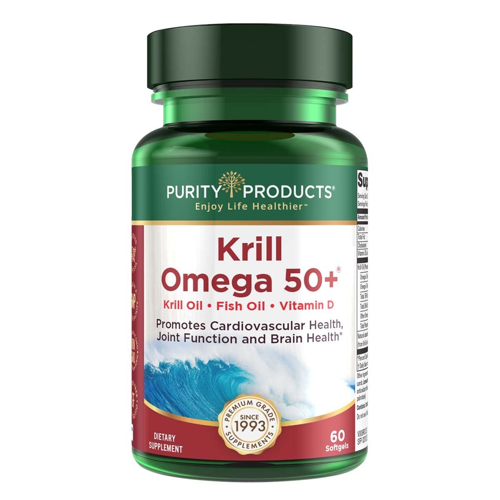 Produits de pureté Krill Omega 50 (Krill + Mélange d'huile de poisson 1000mg + Astaxanthine 500mcg + Phospholipides 200mg + Vitamine D 500 UI) - 60 Mini Softgels
