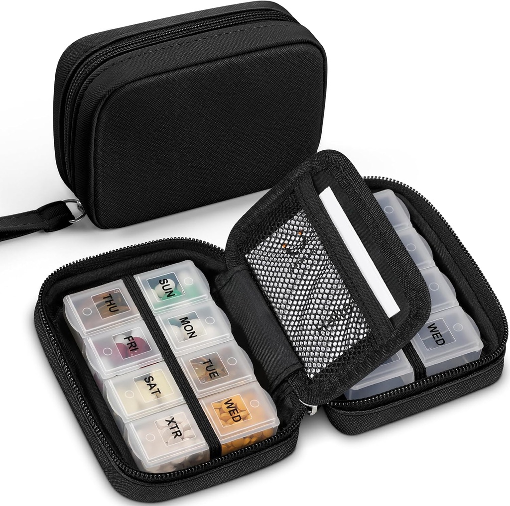 Zannaki schattige pil Organizer voor portemonnee met twee verwijderbare 7-dagen pil Box, Travel PU lederen pil geval, draagbare wekelijkse pil container met opslagzak om vitamines te houden, visolie, supplementen (zwart)