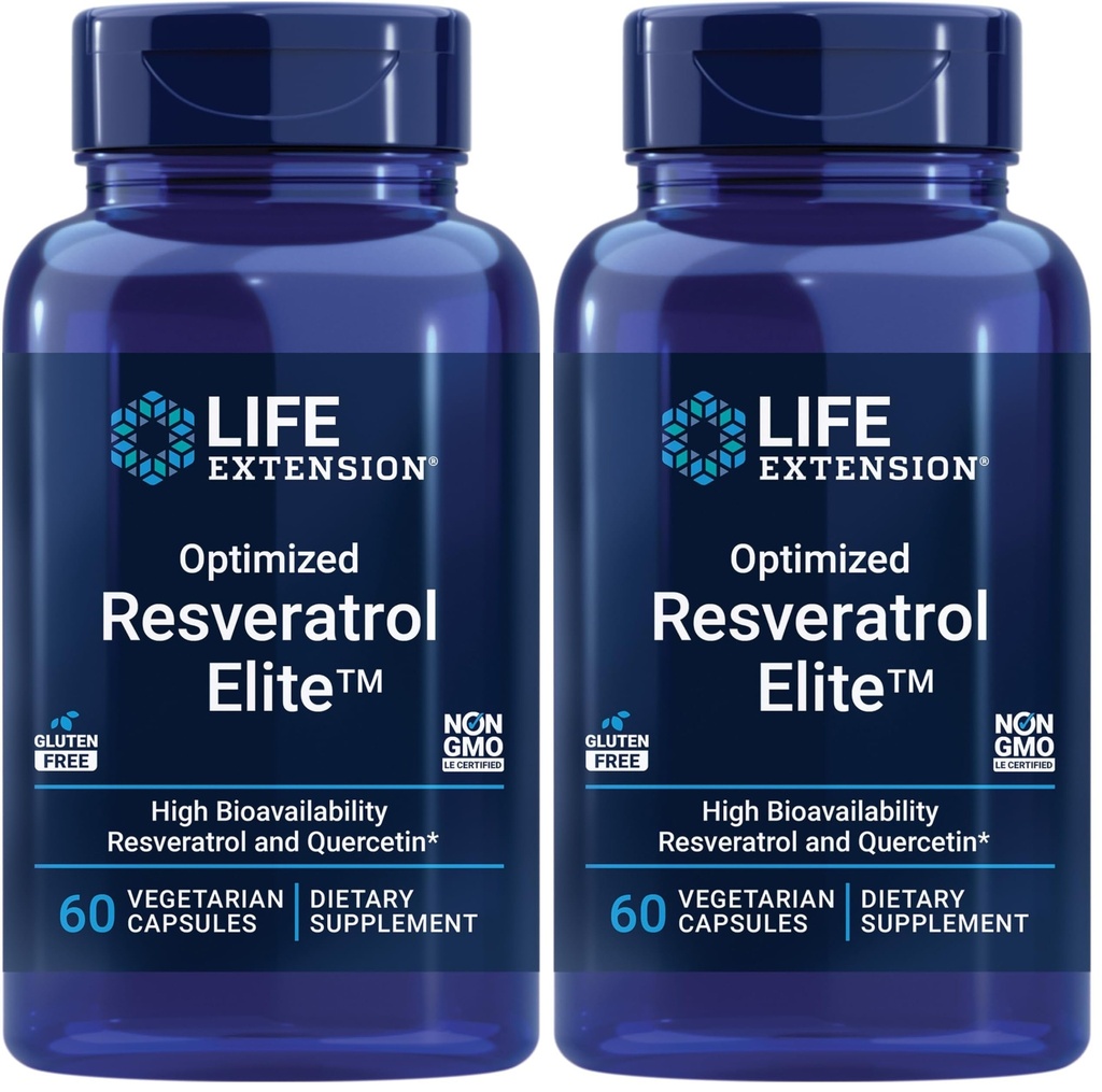 Life Extension Optimized Resveratrol Elite, Trans-resveratrol, quercetin, Healthy Aging, Heart Health, Brain Health, oxidative Stress, Gluten-Free, Non-GMO, Vegetarian, 60 Capsules, (Pack of 2)