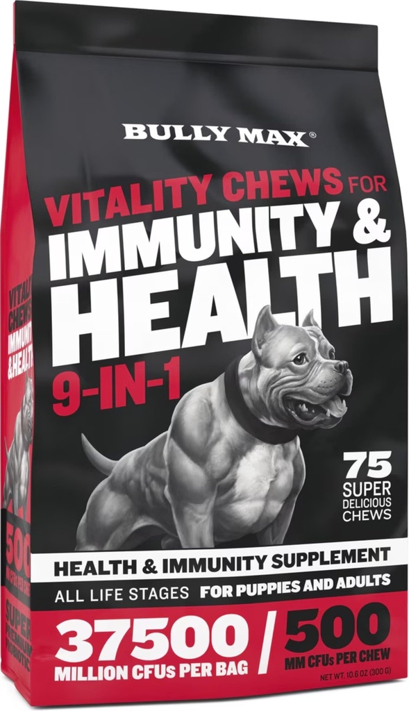 Bully Max Honden Kauwen & Multivitaminen Treats voor Puppy & volwassen honden - 75 Zachte Kauwen, Hondensupplementen & Vitaminen voor alle rassen - huid, jas, hersenen, hart, spijsvertering gezondheid, immuniteit, gezamenlijke ondersteuning