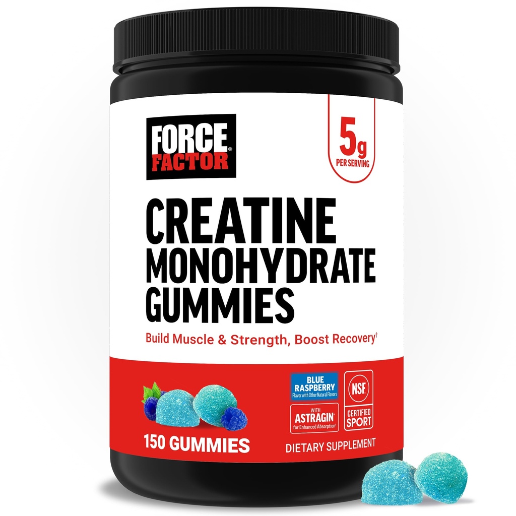 Facteur de force Gommies monohydratées créatine, certifiée NSF, dose de 5g pour les hommes et les femmes pour soutenir les muscles, la force, la récupération, la santé cognitive et la mémoire, emballage mai Vary, bleu framboise, 150 Gommies