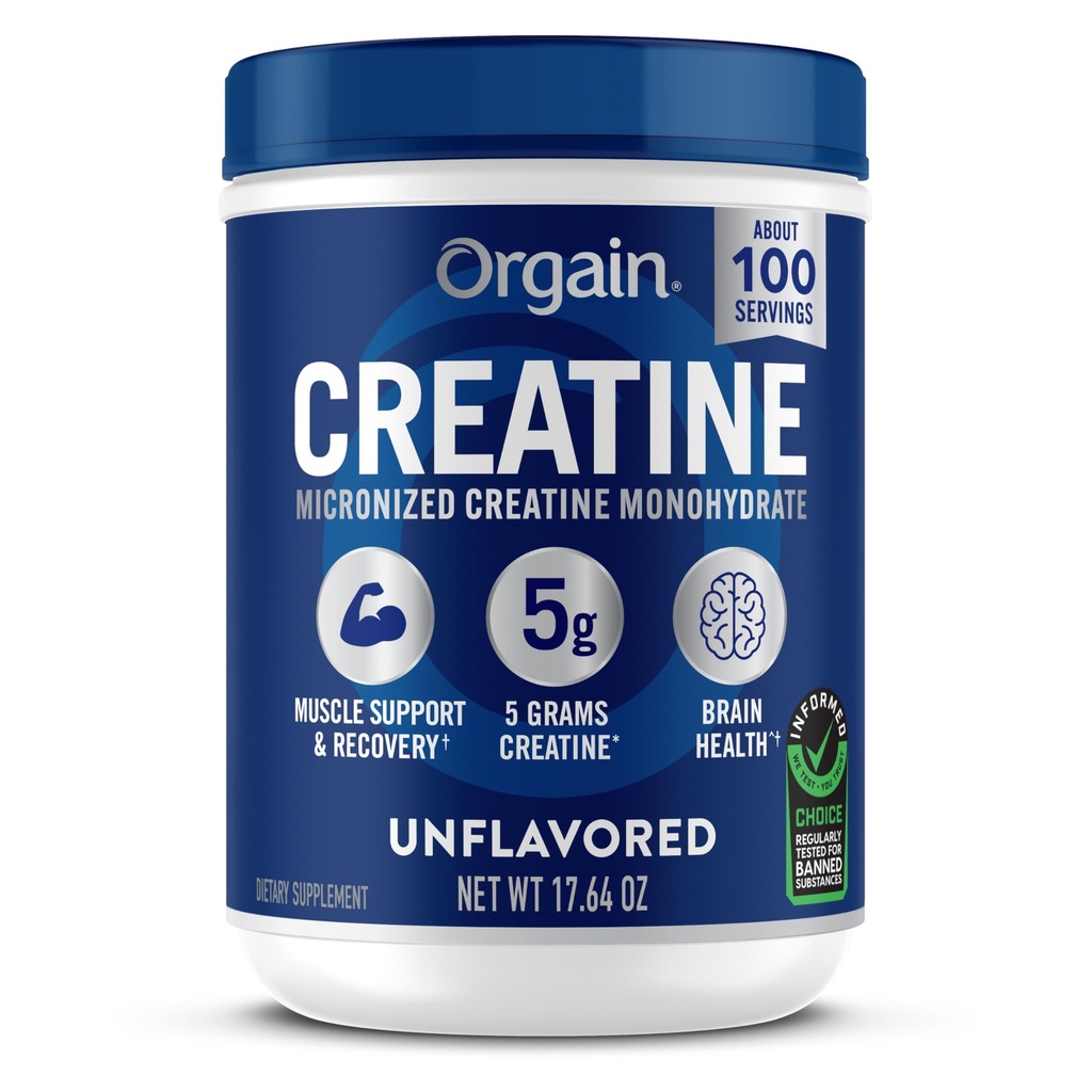 Orgain Creatine Monohydraat Micronized Powder, 100 Servings, Unflavored, Ondersteunt Spiergroei, Post Workout Herstel en Hersengezondheid, Geen kunstmatige additieven, voor mannen en vrouwen (Verpakking mei Vary)