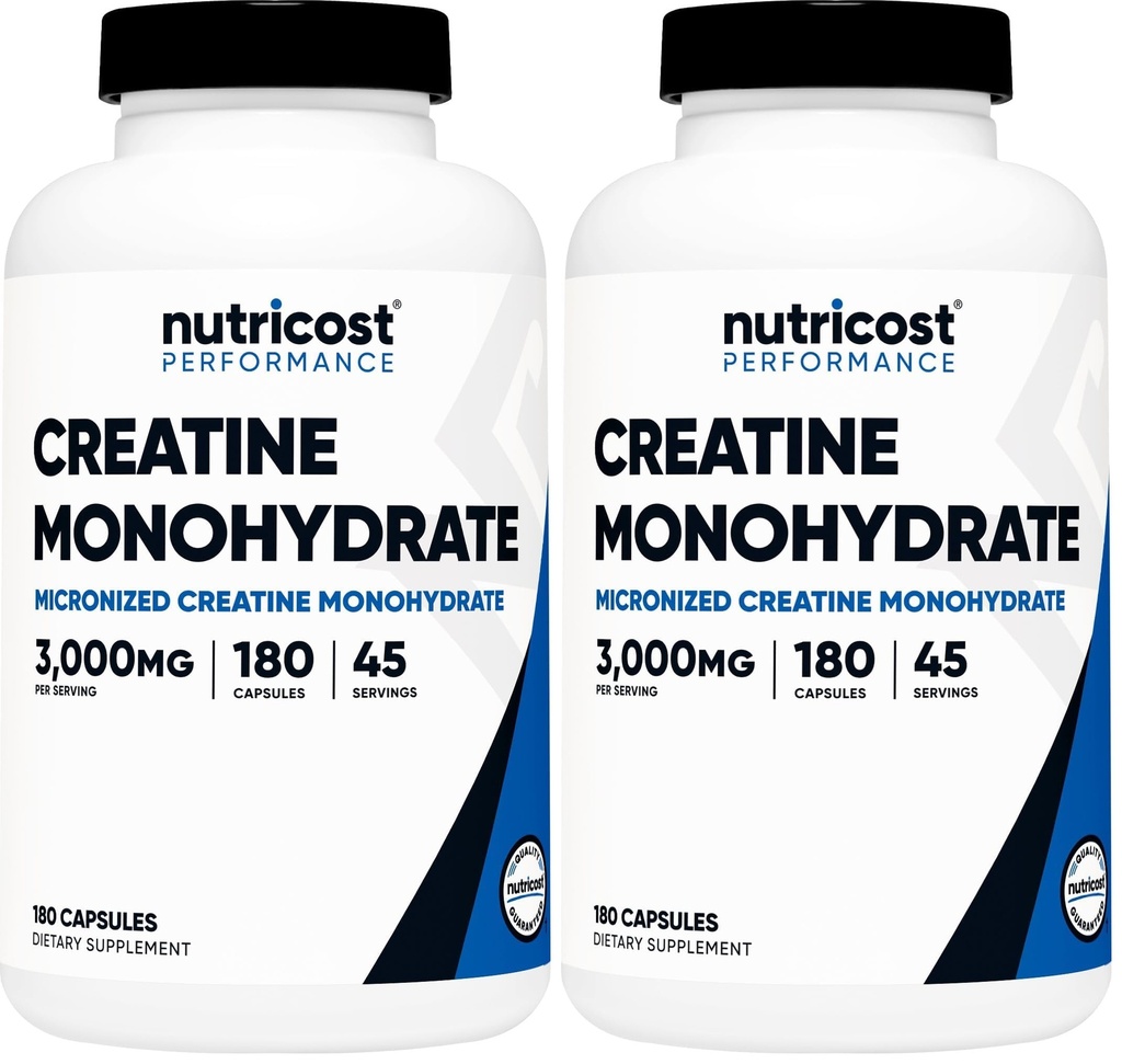 Nutricost Creatine Monohydraat 3.000 mg, 180 capsules (750 mg per capsule) - Glutenvrij, niet-GMO (verpakking van 2)