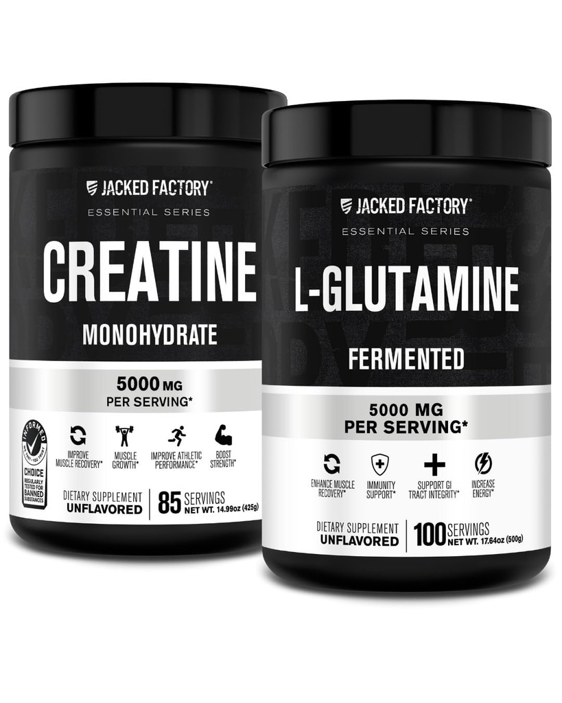 Ge Jacked Factory Creatine Monohydraat Poeder 425g, 85 SV & L-Glutamine Supplement 500g, 100 SV - No Artificial Fillers, Unflavored