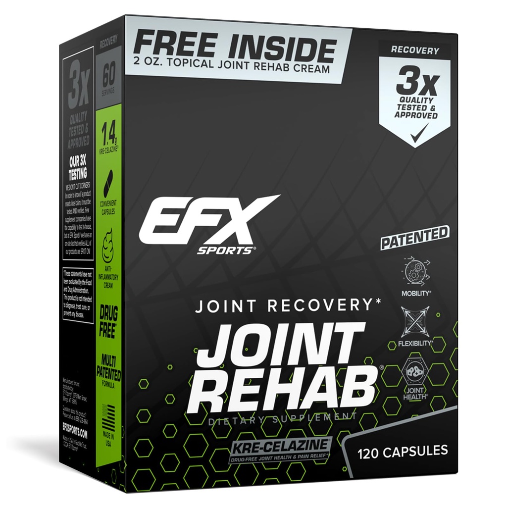 EFX Sports Joint Rehab Recovery Kit, Powered by Kre-Celazine® voor mobiliteit en gezamenlijke gezondheid 120 capsules Kre-Alkalyn Creatine + 2 oz Topical Cream