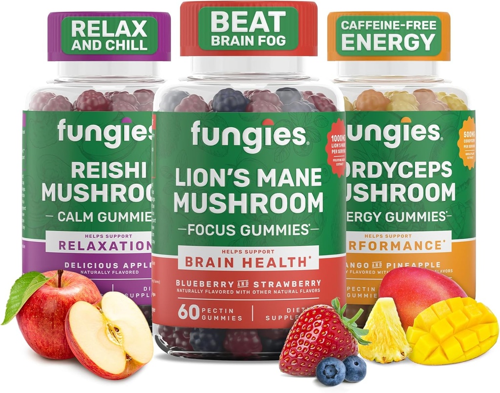 Fungies Mushroom Gummy 3-Pack Bundle, Lion's Mane, Cordyceps & Reishi Gummies voor volwassenen - Paddestoel Gummies Ondersteunt hersenen Gezondheid, Gut Health, Energie en Dagelijkse Welzijn - 180 porties