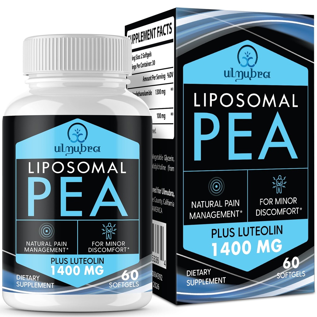 Liposomale Palmitoylethanolamide 1300 MG Plus Luteoline 100 MG, Superior Absorptie, Micronized Pea Supplement for Discomfort Management, 60 Softgels