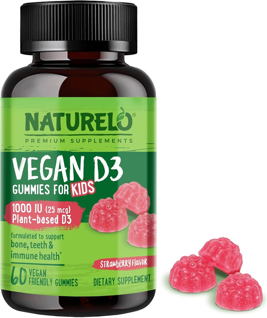 NATURELO Vegan D3 Gummies for Kids - 1000 IE Vitamine D3 - Plant-based Whole Food Supplement for Children 4 and Older - 60 Vegan-Friendly Gummies