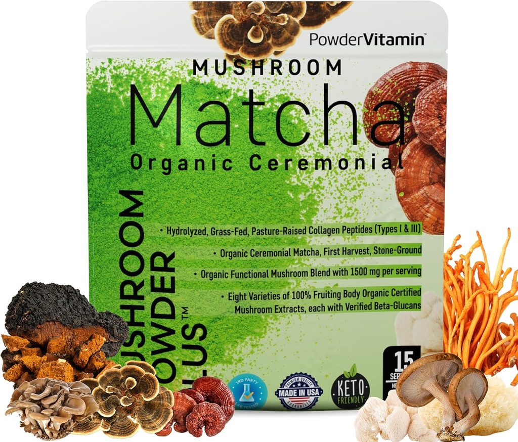 PoederVitamine Biologische Paddestoelen Matcha Poeder Gecertificeerd Pesticide-Free Grass-Fed Collageen Types I & III, 8 Fruiting Body Paddenstoelen Getest op Beta-Glucans Focus Digestie & Immuniteit 15 Servers