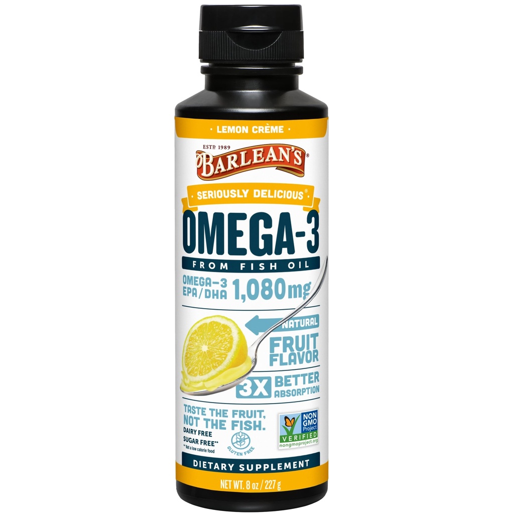 Barlean's Omega 3 supplément liquide d'huile de poisson pour les hommes et les femmes, 1080mg de l'EPA et de l'acide gras DHA, favorise la santé du cerveau et du coeur - non-OGM, citron crème, 8 oz