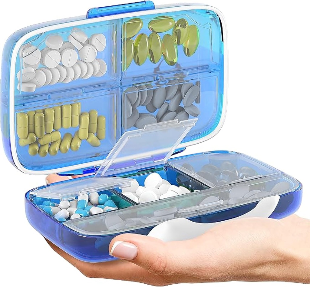 Travel pil Organizer - luchtdichte geneeskunde geval voor reizen Portable Pharmacy Box met labels Vitamine Container 8 Compartiment Supplement Medication Holder Grote capaciteit dagelijks (blauw)