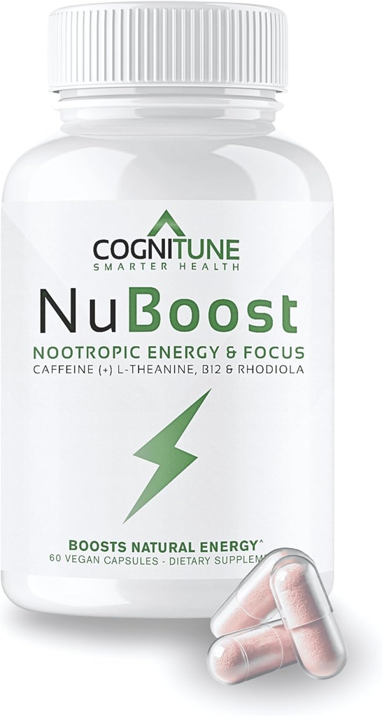 CogniTune NuBoost Energy & Focus Brain Supplement, Cafeïne L-Theanine, Vitamine B12, Rhodiola + BioPerine, Geen Crash, Jitter Gratis 100mg Cafeïne pillen, Clean Nootropic Brain Booster, 60 Ct