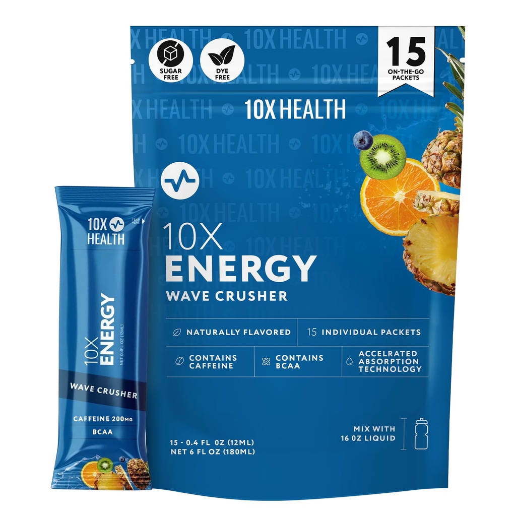 10X Health - Energy Wave Crusher - Energie Drink met 200mg Cafeïne, BCAA's, B Vitaminen, Versnelde Absorptie - Tropische Punch Pre-Workout Drink - 15 Drink Mix Packets (Wave Crusher - Energie)