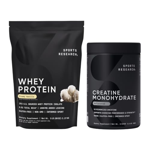 Sports Research® Creatine Monohydraat (100 porties) & Vanille Wei Proteïne (63 porties), The Dynamic Duo for Lean Muscle Building, Improved Performance, Strength & Workout Recovery - Sports Nutritio