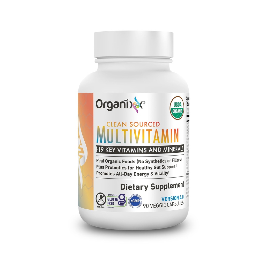 Organix Vegan Multivitamine voor vrouwen en mannen, met vitamine C, D3, vitamine B complex, probiotica, biologische groenten en fruit, ondersteunt spijsvertering, Gut Health, Immune Support, 90 Gel Capsules
