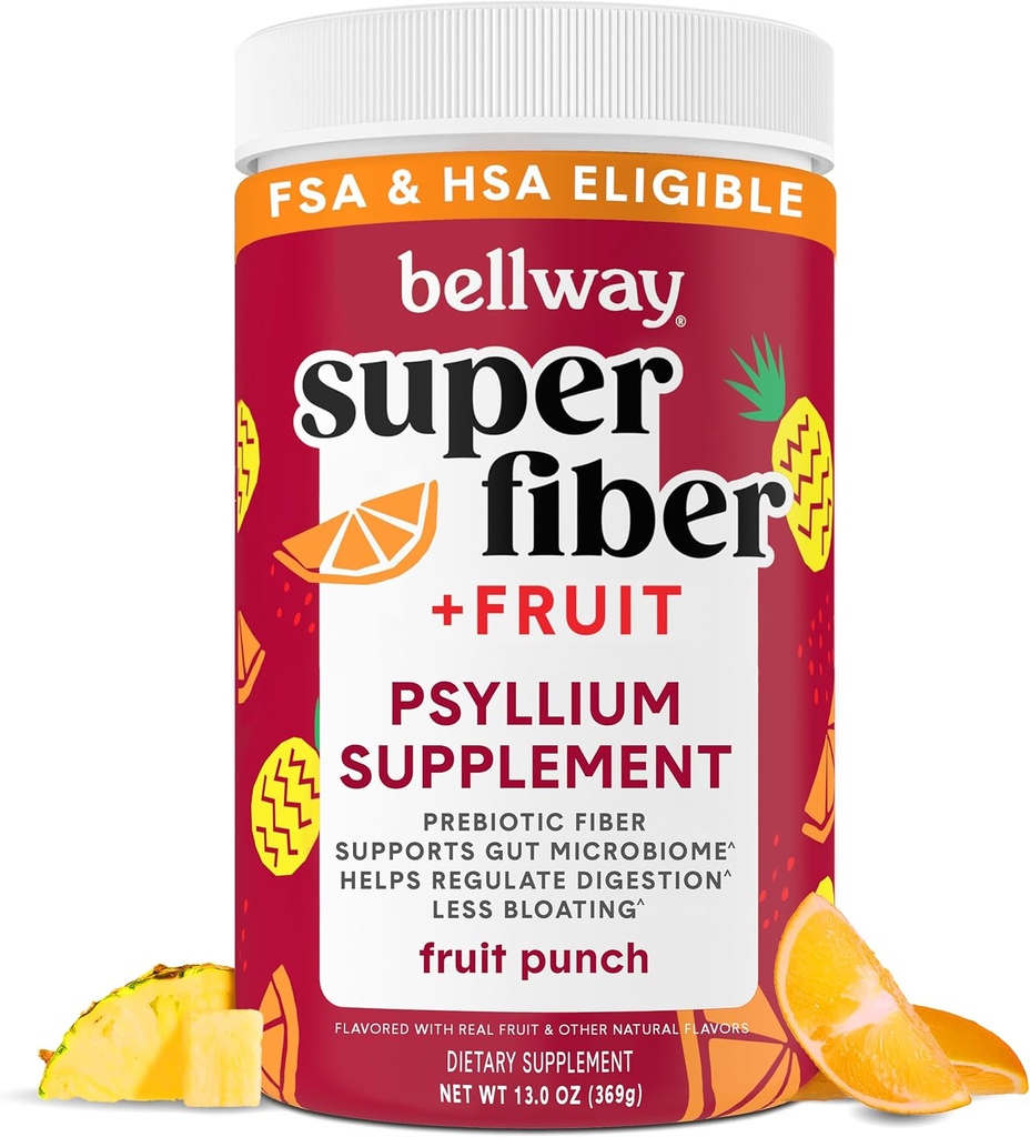 Bellway Super Fiber Powder + Fruit, Suikervrij Biologische Psyllium Husk Powder Fiber Supplement voor Regularity, Bloating Relief & Digestive Health, Plant-Based, Fruit Punch (50 Servers)