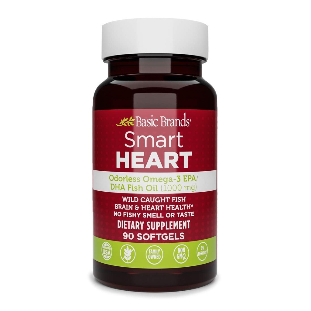 Marques de base Smart Heart Omega-3 sans odorat Huile de poisson, Burp-Moins, Pas d'odeur de poisson, 1000 mg, 90 Compte