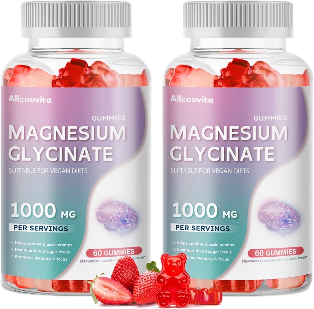 Magnesium Glycinate Gummies 1000mg - Suikervrij Magnesium Kalium Supplement met Vitamine D, B6, CoQ10 voor Kalm Mood & Slaap Ondersteuning - 120 Aardbei Gummies