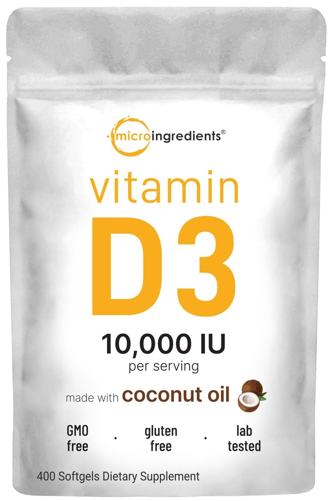 Micro Ingredients Vitamin D3 10,000 IU, 400 Softgels | Virgin Coconut Oil | Cholecalciferol Form | Bone, Immune & Heart Support | Easy to Swallow, Non-GMO