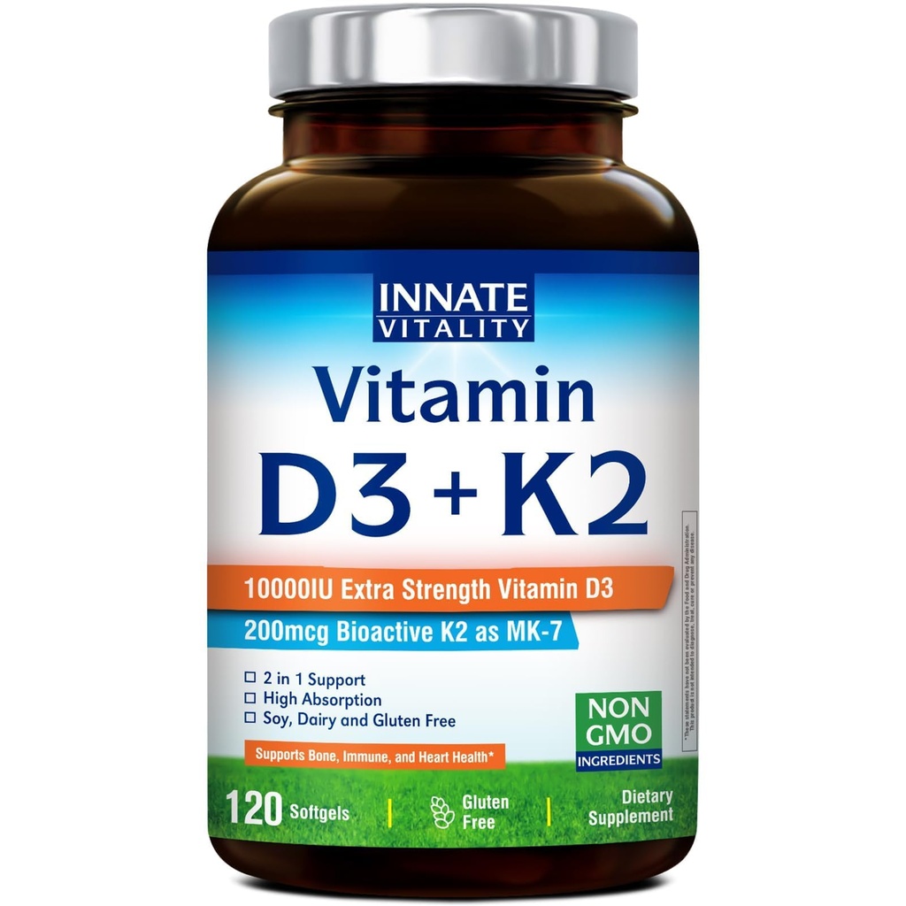 Aangeboren vitaliteit Vitamine D3 K2 Supplement, hoge potentie Vitamine D3 10000 IE & vitamine K2 (MK-7) 200 mcg, ondersteunt bot, tanden, hart en immuungezondheid, non-GMO, glutenvrij, 120 Softgels