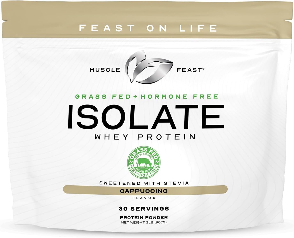 Muscle Feast Grass-Fed Wei Proteïne Isolaat, Alle Natuurlijke Hormone Gratis Pasture Verhoogd, Wei Isolaat Proteïne Poeder voor Mannen en Vrouwen, Schoon, Glutenvrij, Heerlijk Isolaat Proteïne - Cappuccino, 2lb