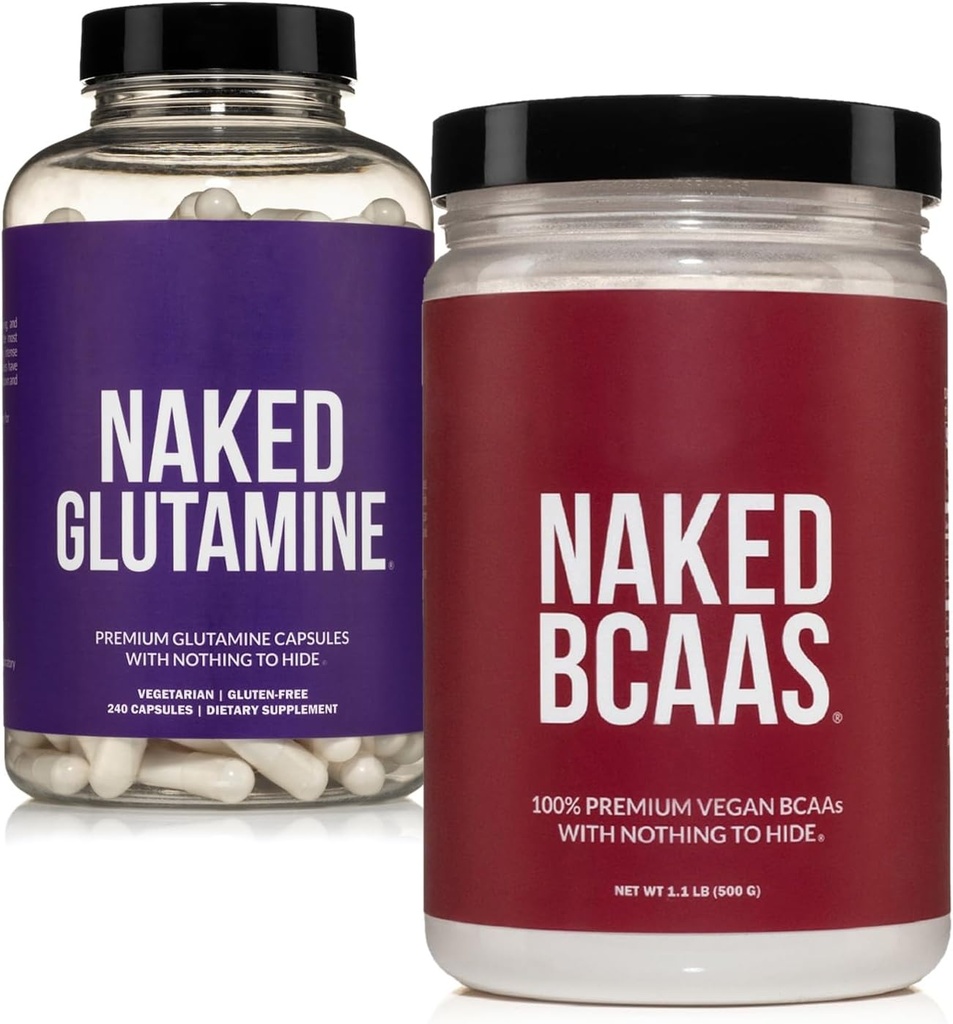 Naked Unflavored BCAAs 100 Sevings + Pure L-Glutamine 240 Capsules bundel: Non-GMO, Glutenvrij, Spierherstel, Niets Kunstmatig