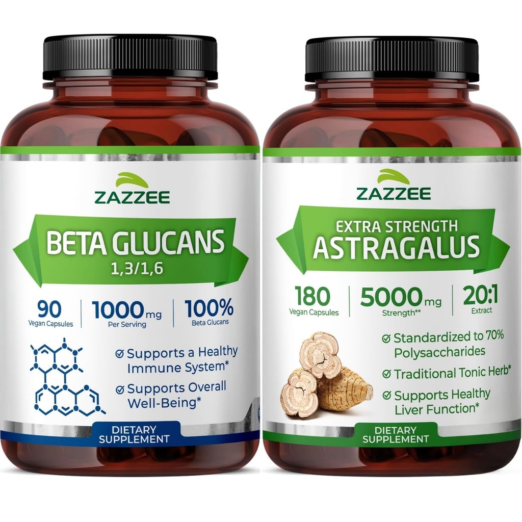 Zazzee Astragalus Root Extract and Beta Glucan Capsules | 20:1 Astragalus Extract Plus 1,3/1,6 Beta Glucan Supplement | Herbal Immune Support Bundle
