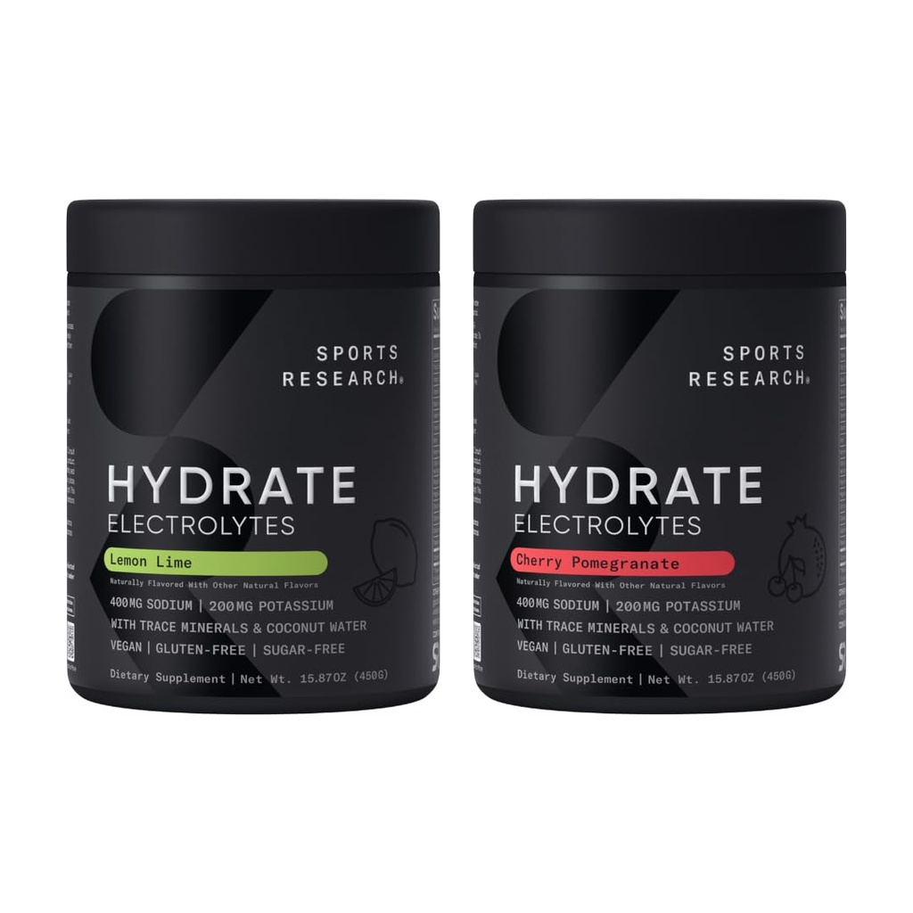 Sports Research Hydrate Electrolytes Powder - Sugar-Free & Naturally Flavored with Vitamins, Minerals, and Coconut Water - Supports Hydration - Cherry Pomegranate & Lemon Lime