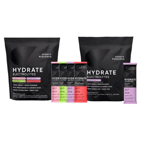 Sports Research Hydrate Electrolytes Combo Pack - Sugar-Free & Naturally Flavored with Vitamins, Minerals, and Coconut Water - Supports Hydration - 32 Packets - Passion Fruit Dominant Flavor