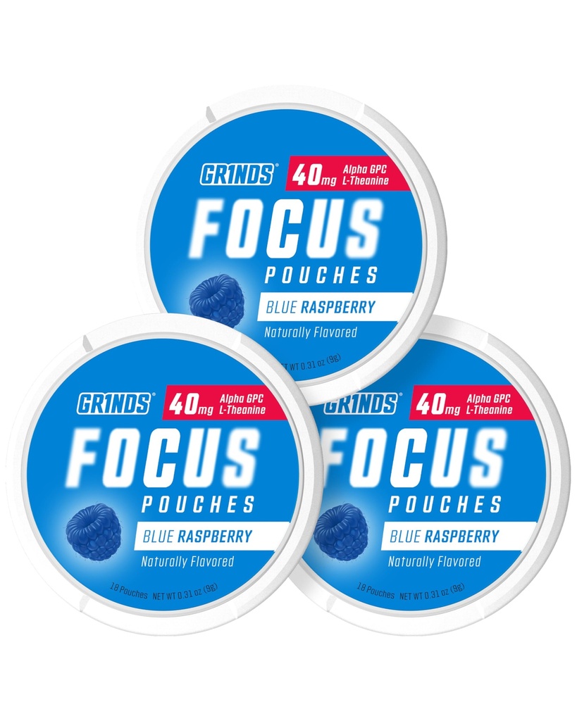 GRINDS Focus zakjes - natuurlijk gearomatiseerd met Nootropic Ingrediënten - Bevat Alpha GPC en L-Theanine, Sugar-Free - 3 Pack, 18 Pouches Per Can - Blue Raspberry