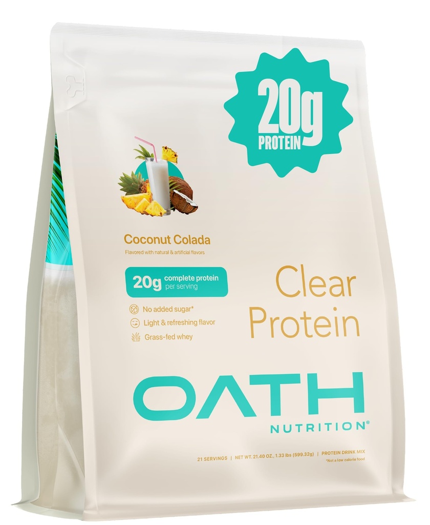 Oath Nutrition Poudre de protéines de lactosérum, Coconut Colada, 20g Protéines complètes par portion, Pas de sucre ajouté, herbe, 21 portions