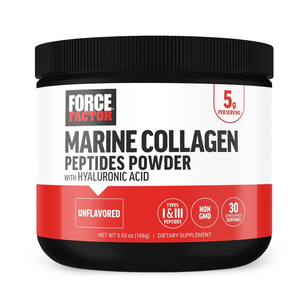 FACTEUR DE FORCE Poudre de collagène marin pour femmes et hommes, Peptides de collagène marin de type I et III avec acide hyaluronique pour soutenir les cheveux, la peau, les ongles, les os et les articulations sains, sans saveur, 30 portions