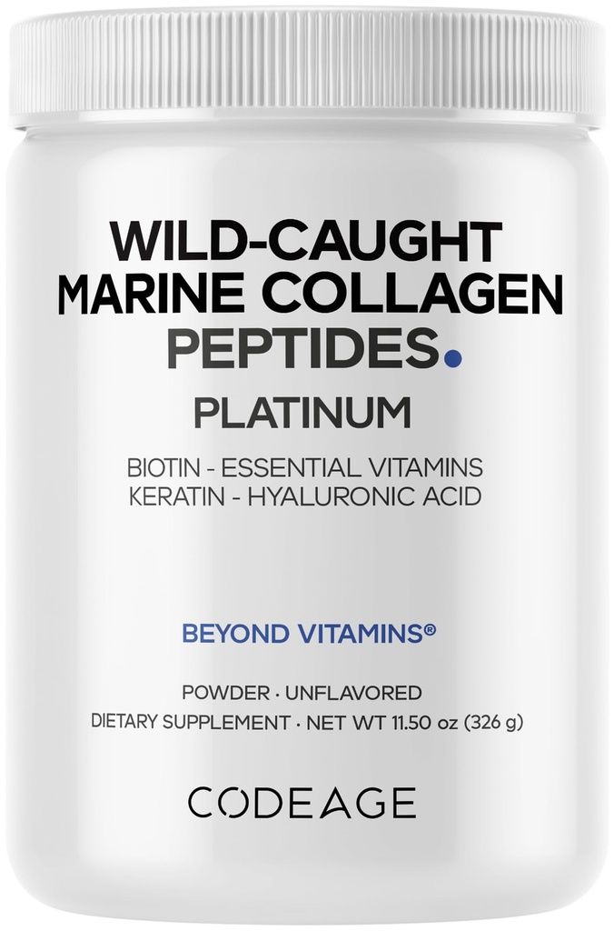 Codeage Marine Collageen Protein Powder Supplement Platinum - Biotin 10.000 mcg, Vitamine C, D3 & B6, Keratine, Hyaluronzuur, Niacin, Wild Gehydrolyseerde vis Collageen Peptiden - Non-GMO - 11,50 oz