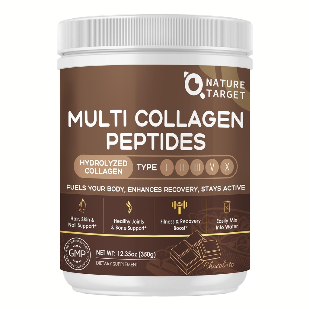 NATURE TARGET Chocolate Multi Collagen Peptides – Collagen Powder for Women with Vitamin C & Creatine, Supports Skin, Hair, Nails & Joint Health - Type I, II, III, V & X, Gluten Free, 35 Servings