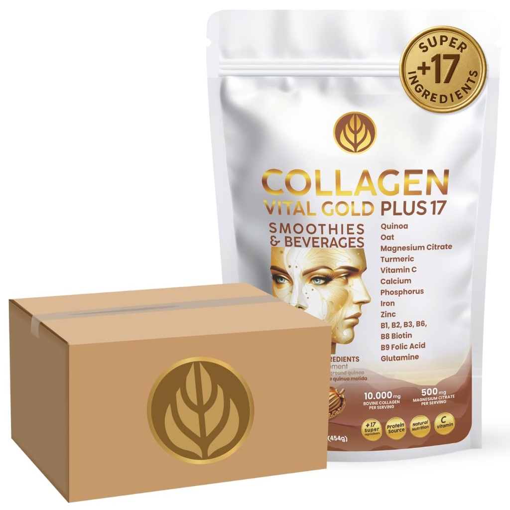Vital Life, Collagen Peptides Powder +17 Super Ingredients, 1 lb (Pack of 12), Cocoa Flavor, Supports Hair, Skin, Nails, Bones, Joints & Digestive Health, Collagen for Women & Men.